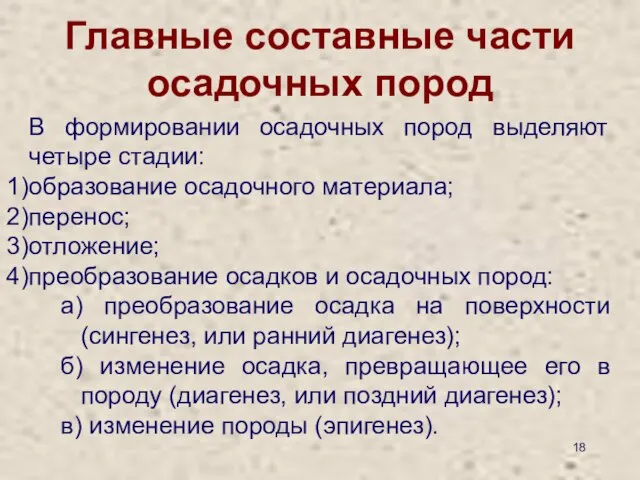 Главные составные части осадочных пород В формировании осадочных пород выделяют четыре