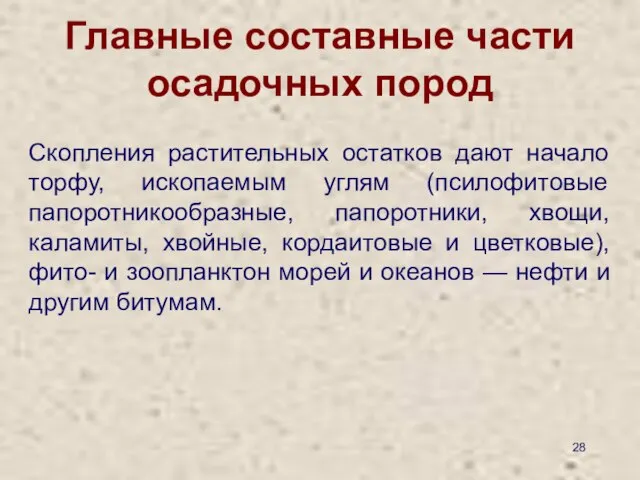 Главные составные части осадочных пород Скопления растительных остатков дают начало торфу,