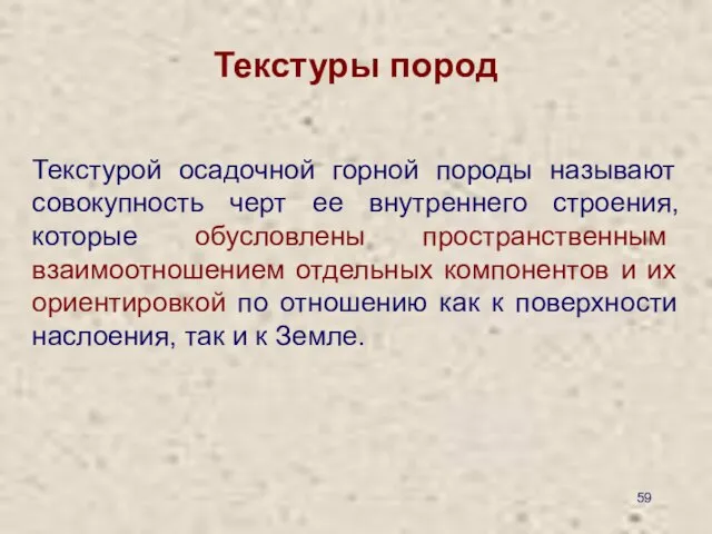 Текстуры пород Текстурой осадочной горной породы называют совокупность черт ее внутреннего