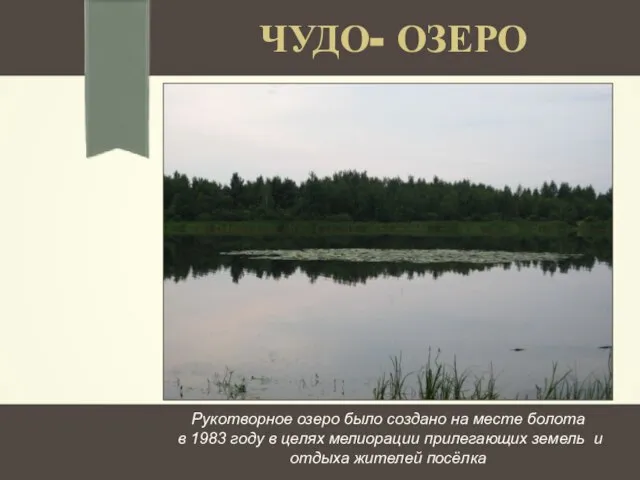 ЧУДО- ОЗЕРО Рукотворное озеро было создано на месте болота в 1983