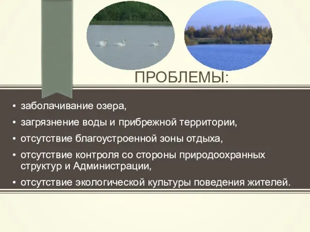 ПРОБЛЕМЫ: заболачивание озера, загрязнение воды и прибрежной территории, отсутствие благоустроенной зоны