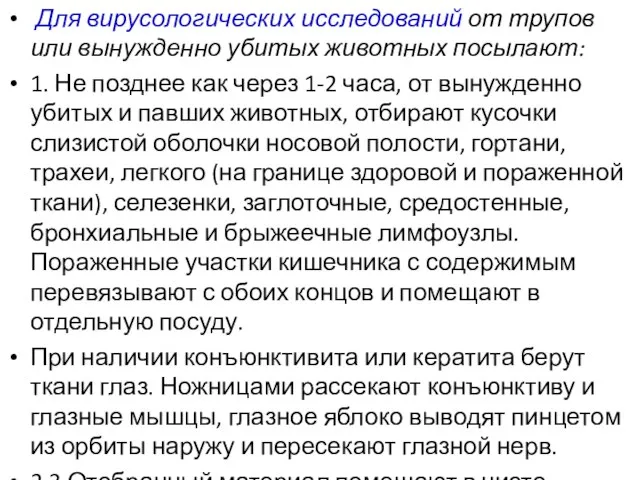 Для вирусологических исследований от трупов или вынужденно убитых животных посылают: 1.