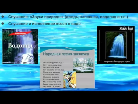 Слушание: «Звуки природы» (дождь, капельки, водопад и т.п.) Слушание и исполнение песен о воде