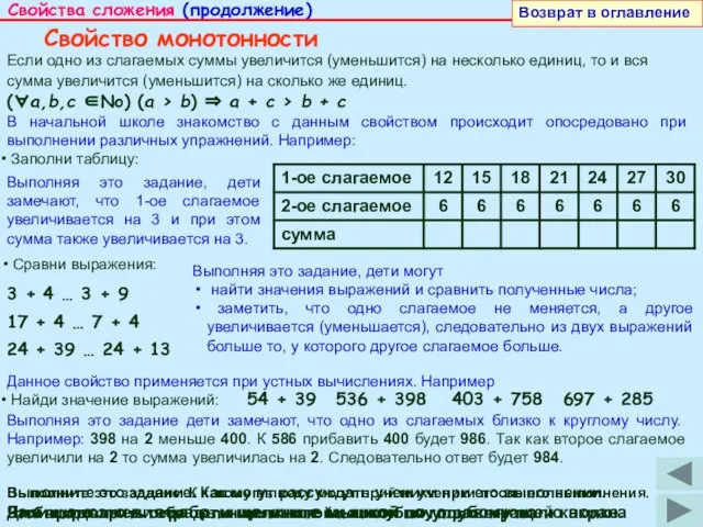 Свойства сложения (продолжение) Возврат в оглавление Свойство монотонности Если одно из