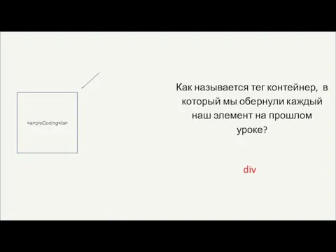 Как называется тег контейнер, в который мы обернули каждый наш элемент на прошлом уроке? div proCoding