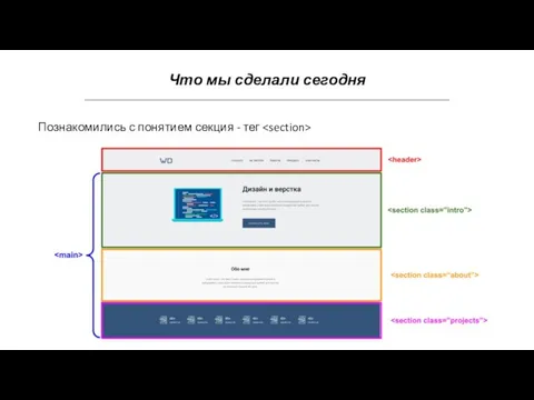 Что мы сделали сегодня Познакомились с понятием секция - тег