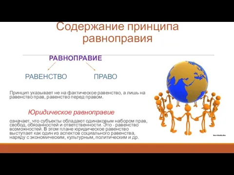 Содержание принципа равноправия РАВНОПРАВИЕ РАВЕНСТВО ПРАВО Принцип указывает не на фактическое