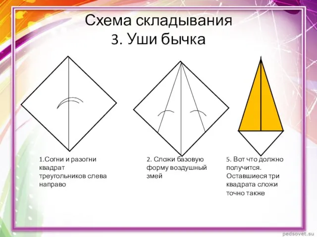 Схема складывания 3. Уши бычка 1.Согни и разогни квадрат треугольников слева