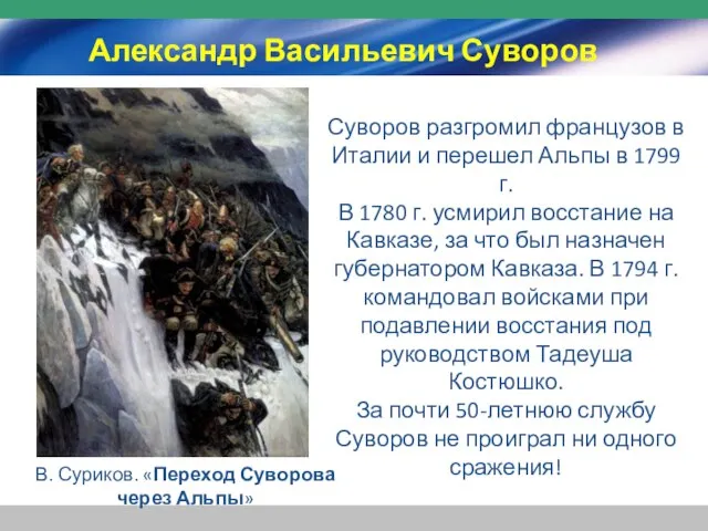 В. Суриков. «Переход Суворова через Альпы» Суворов разгромил французов в Италии