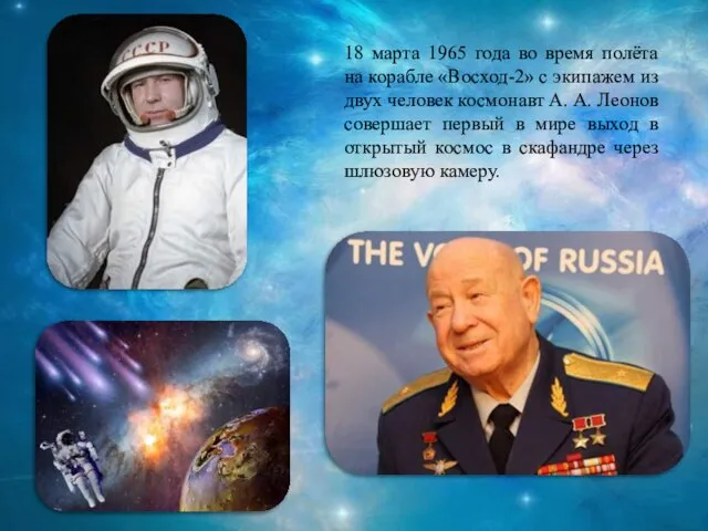 18 марта 1965 года во время полёта на корабле «Восход-2» с