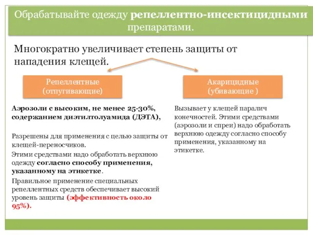 Многократно увеличивает степень защиты от нападения клещей. Обрабатывайте одежду репеллентно-инсектицидными препаратами.