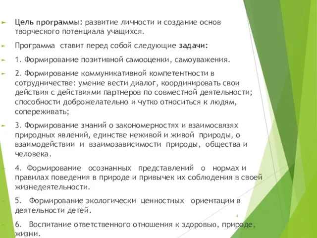 Цель программы: развитие личности и создание основ творческого потенциала учащихся. Программа