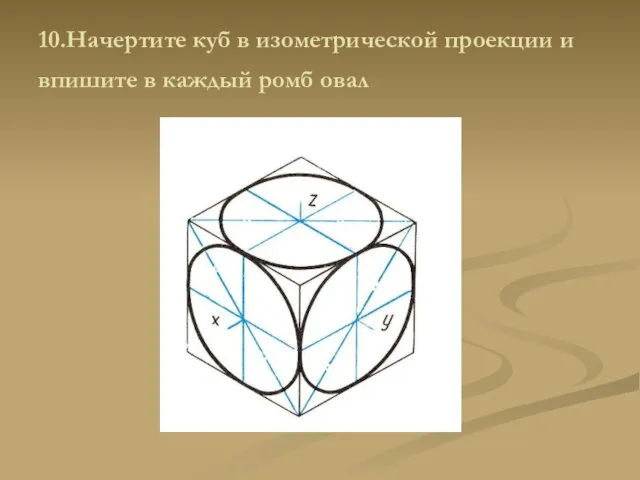 10.Начертите куб в изометрической проекции и впишите в каждый ромб овал