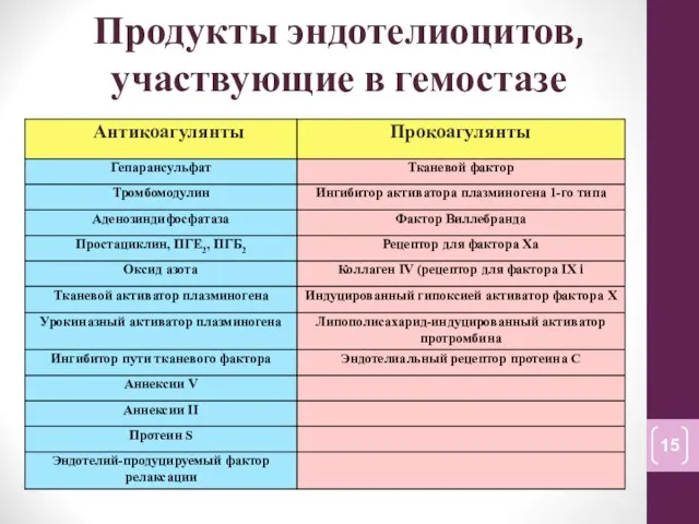 Продукты эндотелиоцитов, участвующие в гемостазе