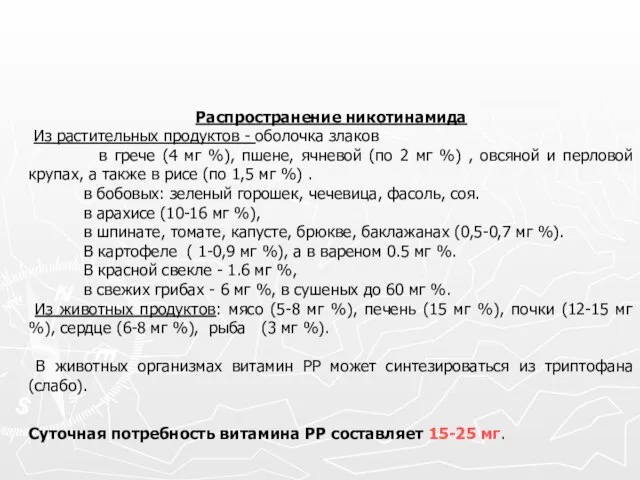 Суточная потребность витамина РР составляет 15-25 мг. Распространение никотинамида Из растительных