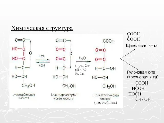 Химическая структура Щавелевая к=та Гулоновая к-та (треоновая к-та) t- ра, О2