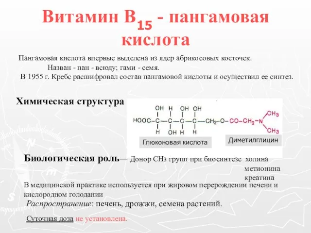 Витамин В15 - пангамовая кислота Пангамовая кислота впервые выделена из ядер