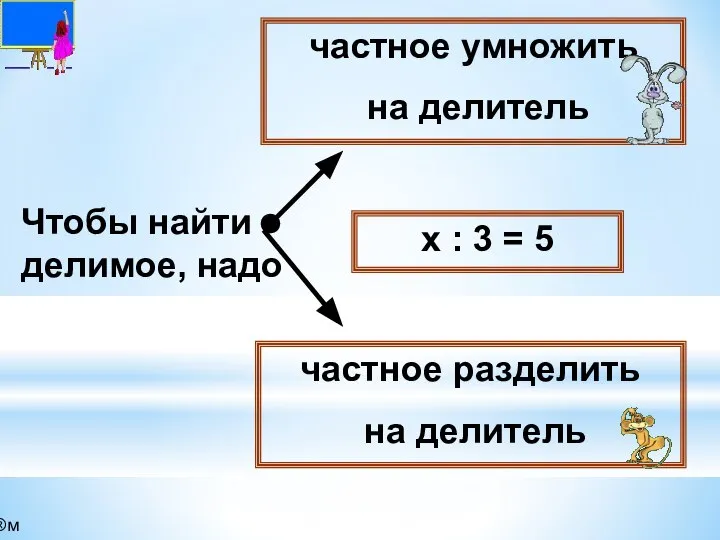 Чтобы найти делимое, надо частное умножить на делитель частное разделить на