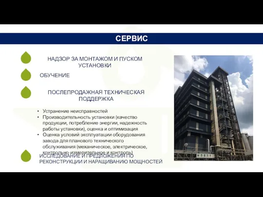 ОБУЧЕНИЕ ПОСЛЕПРОДАЖНАЯ ТЕХНИЧЕСКАЯ ПОДДЕРЖКА Устранение неисправностей Производительность установки (качество продукции, потребление