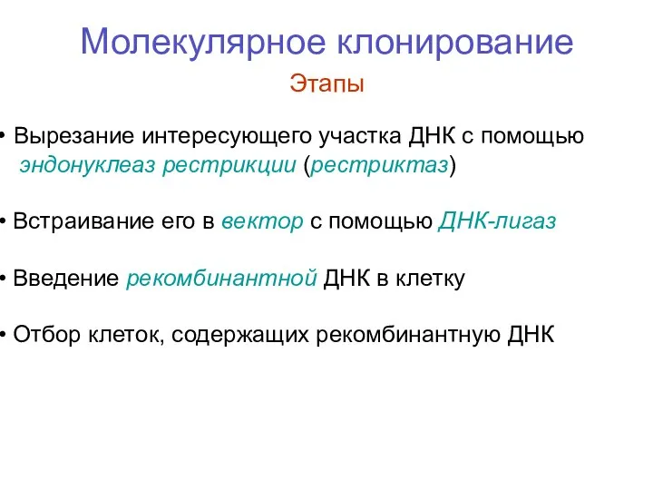 Молекулярное клонирование Этапы Вырезание интересующего участка ДНК с помощью эндонуклеаз рестрикции