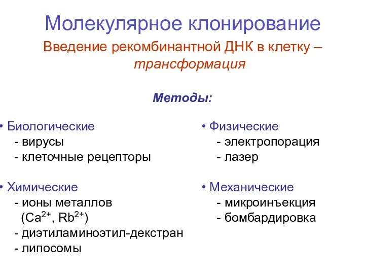 Молекулярное клонирование Введение рекомбинантной ДНК в клетку –трансформация Биологические - вирусы