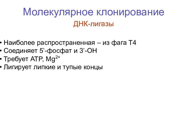 Молекулярное клонирование ДНК-лигазы Наиболее распространенная – из фага T4 Соединяет 5’-фосфат