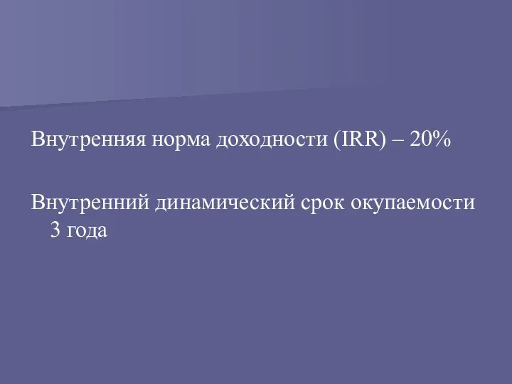 Внутренняя норма доходности (IRR) – 20% Внутренний динамический срок окупаемости 3 года