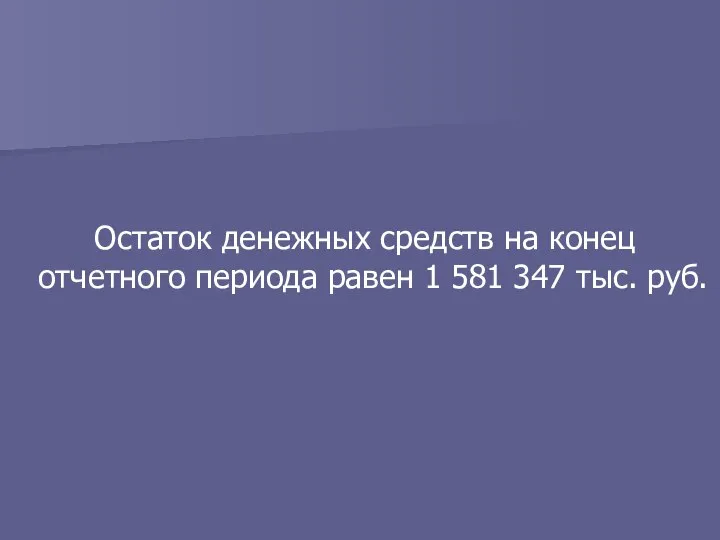 Остаток денежных средств на конец отчетного периода равен 1 581 347 тыс. руб.