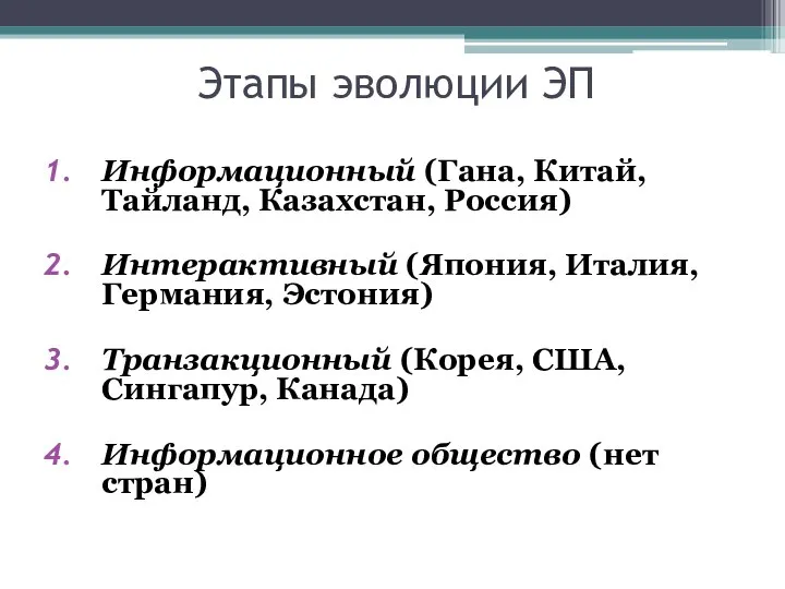 Этапы эволюции ЭП Информационный (Гана, Китай, Тайланд, Казахстан, Россия) Интерактивный (Япония,