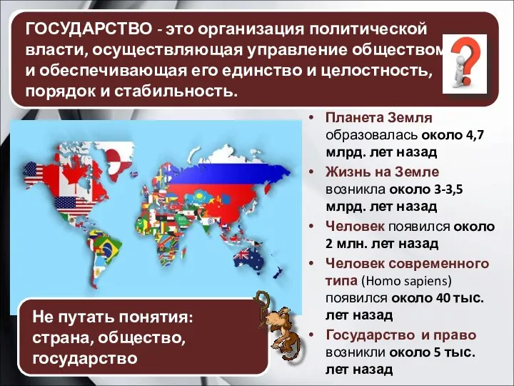 Дайте определение понятию ГОСУДАРСТВО. ГОСУДАРСТВО - это организация политической власти, осуществляющая