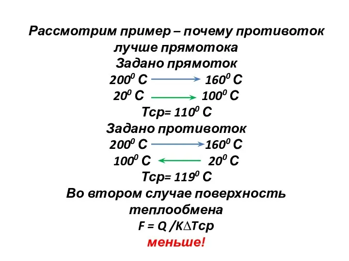 Рассмотрим пример – почему противоток лучше прямотока Задано прямоток 2000 С