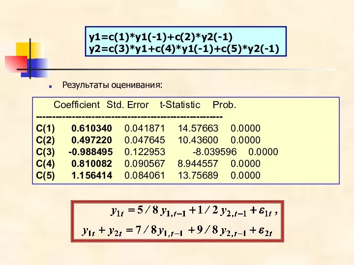y1=c(1)*y1(-1)+c(2)*y2(-1) y2=c(3)*y1+c(4)*y1(-1)+c(5)*y2(-1) Результаты оценивания: Coefficient Std. Error t-Statistic Prob. --------------------------------------------------------- C(1)