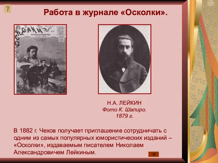 Н.А. ЛЕЙКИН Фото К. Шапиро. 1879 г. В 1882 г. Чехов