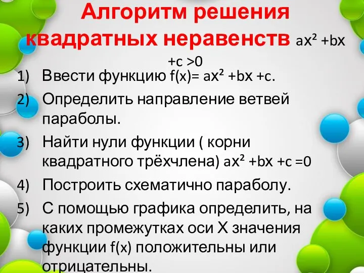 Алгоритм решения квадратных неравенств aх² +bх +c >0 Ввести функцию f(x)=