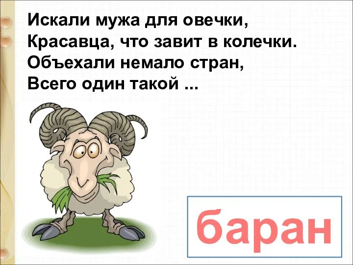 баран Искали мужа для овечки, Красавца, что завит в колечки. Объехали