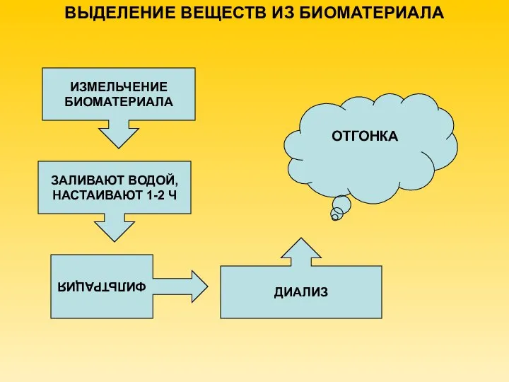 ВЫДЕЛЕНИЕ ВЕЩЕСТВ ИЗ БИОМАТЕРИАЛА ИЗМЕЛЬЧЕНИЕ БИОМАТЕРИАЛА ЗАЛИВАЮТ ВОДОЙ, НАСТАИВАЮТ 1-2 Ч ФИЛЬТРАЦИЯ ДИАЛИЗ ОТГОНКА