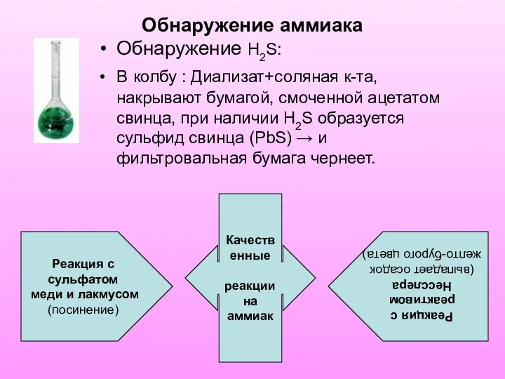 Обнаружение аммиака Обнаружение Н2S: В колбу : Диализат+соляная к-та, накрывают бумагой,