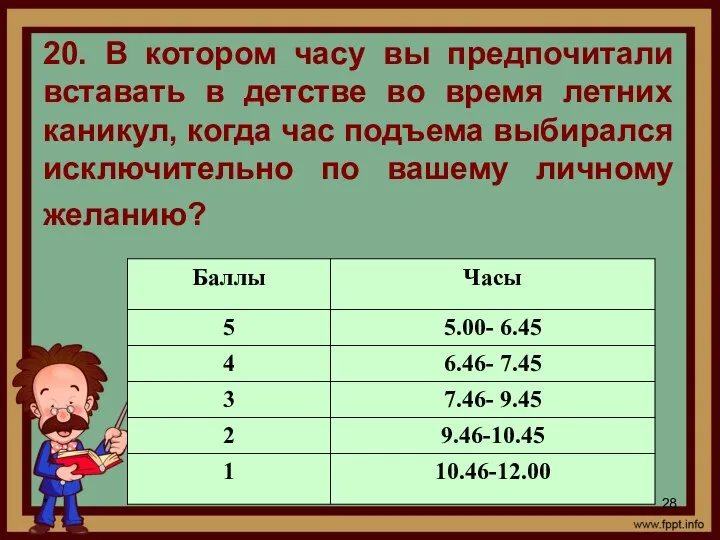 * 20. В котором часу вы предпочитали вставать в детстве во