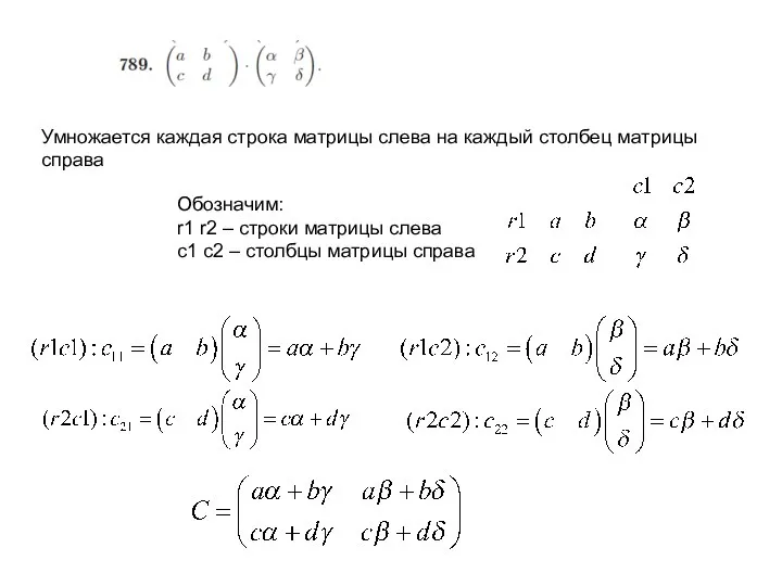 Умножается каждая строка матрицы слева на каждый столбец матрицы справа Обозначим: