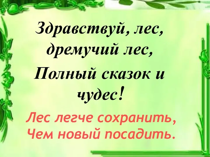 Здравствуй, лес, дремучий лес, Полный сказок и чудес! Лес легче сохранить, Чем новый посадить.