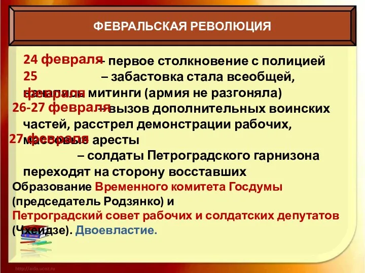 ФЕВРАЛЬСКАЯ РЕВОЛЮЦИЯ – первое столкновение с полицией – забастовка стала всеобщей,