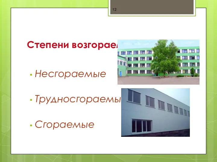 Степени возгораемости зданий: Несгораемые Трудносгораемые Сгораемые