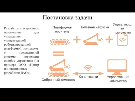 Постановка задачи Разработать встроенное приложение для управления универсальной роботизированной платформой-носителем с