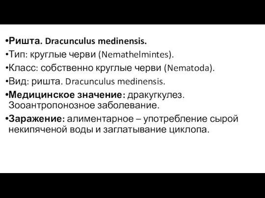 Ришта. Dracunculus medinensis. Тип: круглые черви (Nemathelmintes). Класс: собственно круглые черви