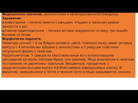 Медицинское значение: анкилостомоз и некатороз (анкилостомидозы). Заражение: алиментарное – личинки вместе