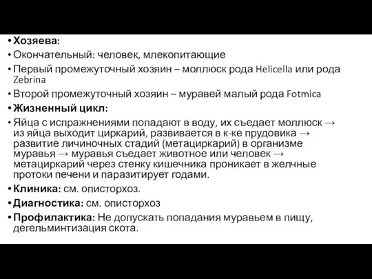 Хозяева: Окончательный: человек, млекопитающие Первый промежуточный хозяин – моллюск рода Helicella