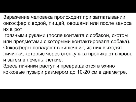 Заражение человека происходит при заглатывании онкосфер с водой, пищей, овощами или