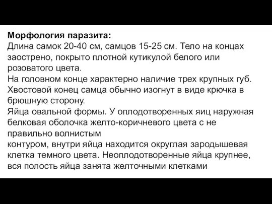 Морфология паразита: Длина самок 20-40 см, самцов 15-25 см. Тело на