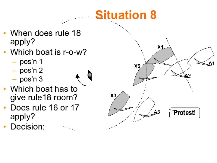 Situation 8 When does rule 18 apply? Which boat is r-o-w?