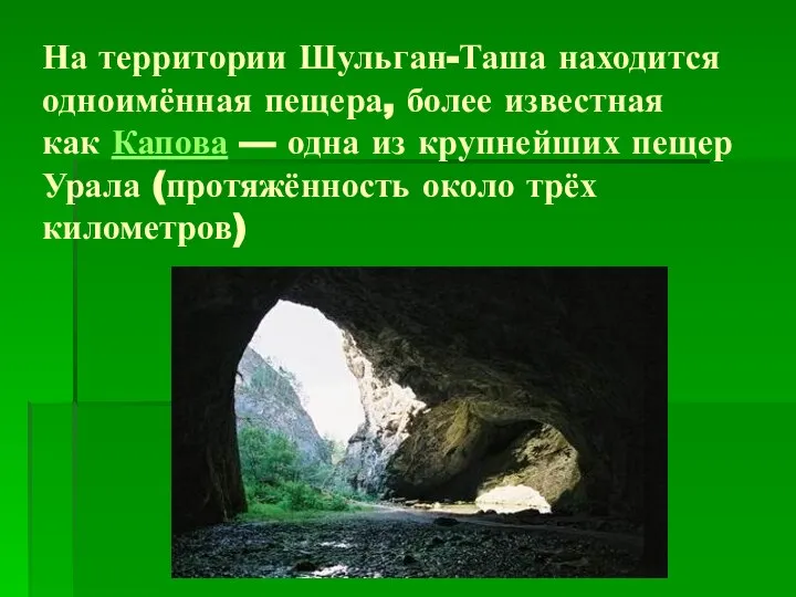 На территории Шульган-Таша находится одноимённая пещера, более известная как Капова —